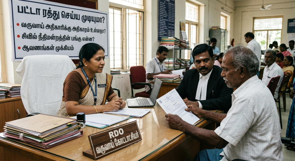 பட்டா ரத்து செய்ய முடியுமா? வருவாய் அதிகாரியின் அதிகாரம் மற்றும் சிவில் நீதிமன்றத்தின் பங்கு